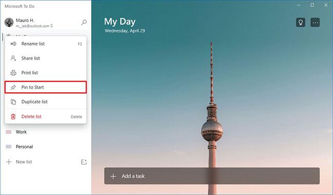 Microsoft To Do -luettelon kiinnittäminen Käynnistä-valikkoon Windows 10:ssä