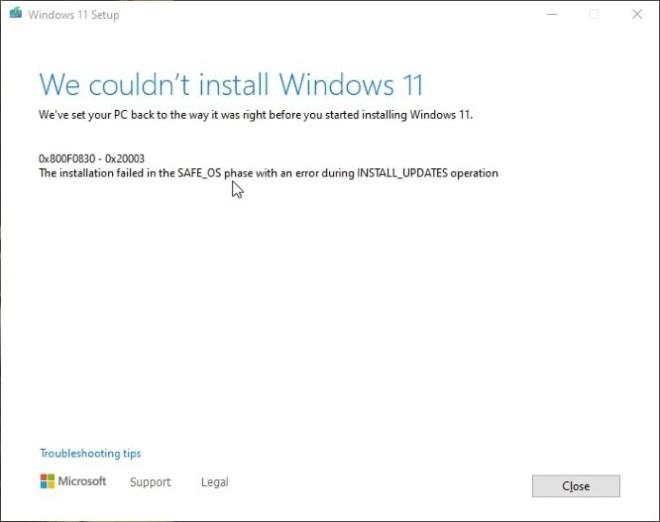 Instalējot Windows 11, labojiet kļūdas 0x8007007f un 0x800F0830 - 0x20003
