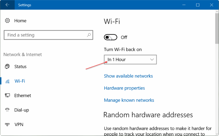 Nastavte časovač na automatické zapnutí Wifi po 1 hodině, 4 hodinách nebo 1 dni ve Windows 10