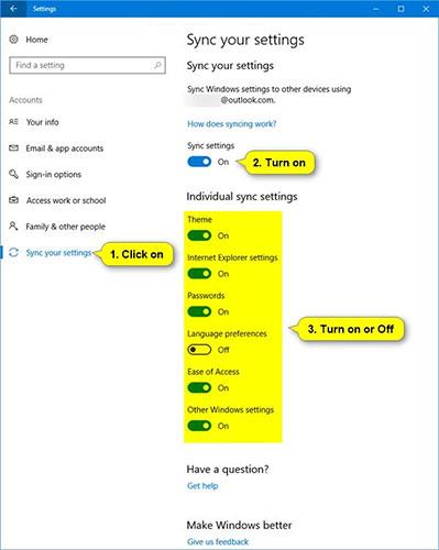 Kveiktu og slökktu á samstillingu stillinga á Windows 10