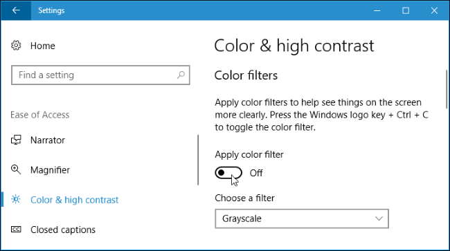 Värisuodattimet-ominaisuuden ottaminen käyttöön Windows 10:ssä, jotta näet näytön selkeämmin