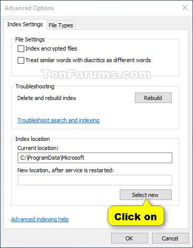 Hvernig á að breyta Search Index geymslustað í Windows 10