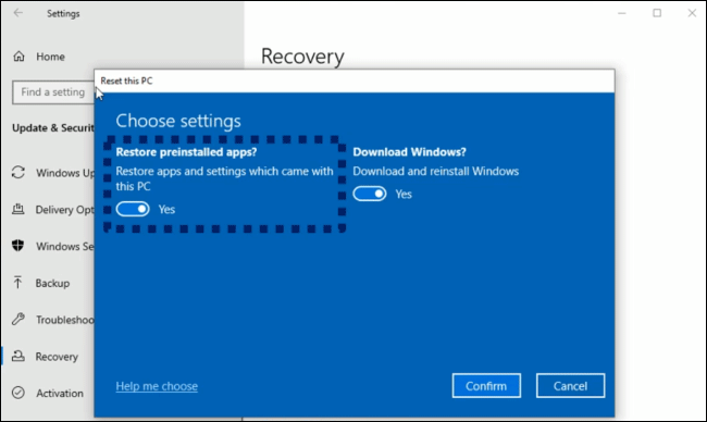 Нови функции на Reset This PC в Windows 10