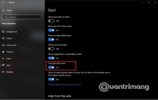 Koko näytön Käynnistä-valikon avaaminen Windows 10:ssä